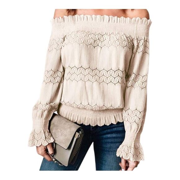 YOINS Tops - YOINS Cream Off Shoulder Top Womens size Small NEW WITH TAGS Cinched Waist